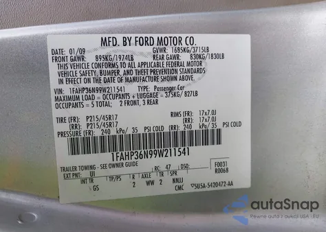 2009 Ford Focus Ses из США, поврежденный, VIN 1FAHP36N99W211541